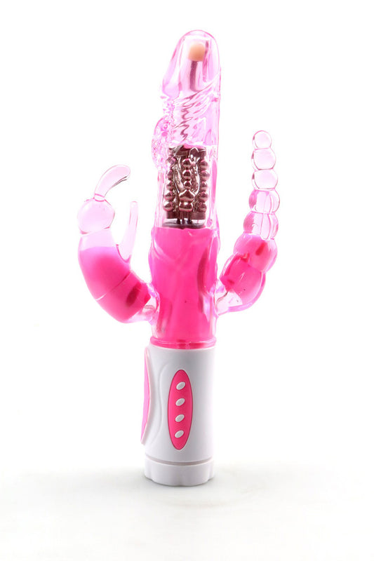 Vibrator Triplu tip Iepuraș cu Rotație și Vibrație, Stimulare Vaginală, Anală și Clitoridiană, Silicon Medical, Reîncărcabil USB, Fuchsia, TOY351-55