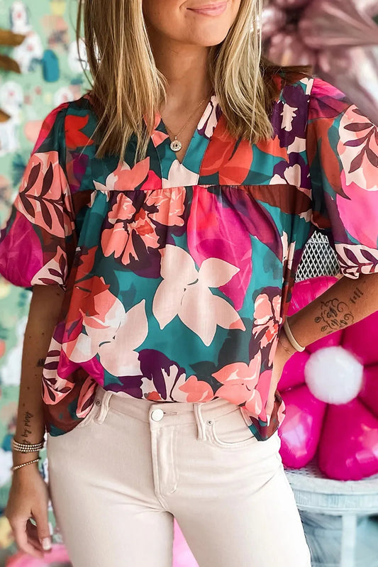 Bluza vaporoasa de vara cu maneci scurte si print floral, multicolor A872-100