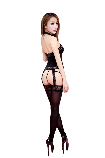 Bodystocking sexy model imitatie top cu jartiere si ciorapi, Negru, Universala BS256-1
