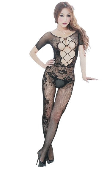 Bodystocking sexy din plasa cu model floral, decupaje si maneci scurte, Negru, Universala BS278-1