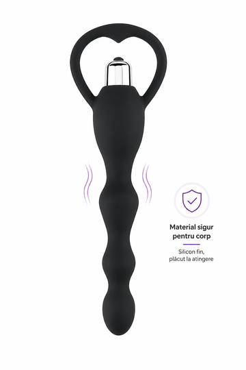 Vibrator anal cu bile, vibrații și mâner în formă de inimă, 18,5 cm, Negru, TOY409-1