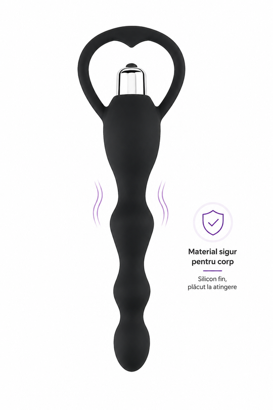 Vibrator anal cu bile, vibrații și mâner în formă de inimă, 18,5 cm, Negru, TOY409-1