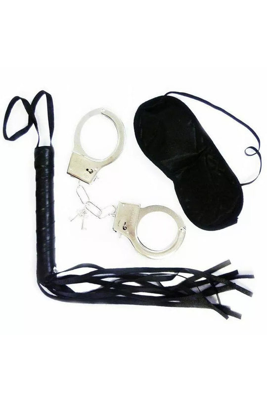 Set Fetish BDSM 3 Piese, Cătușe Metalice, Bici cu Franjuri și Mască pentru Ochi, Negru, G33A-1