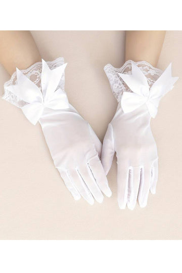 Manusi scurte cu degete din plasa fine elastica accesorizat cu dantela si fundita satinata, Alb GL84-2