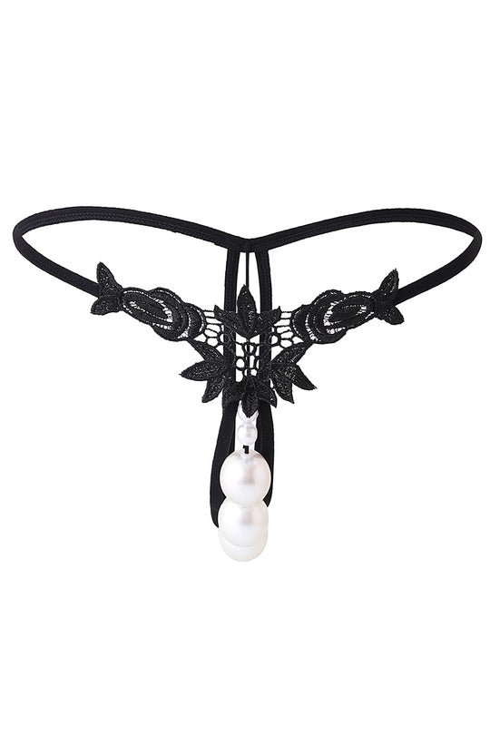 Chilot sexy cu broderie florala si margele tip perla, Negru, GS1296-1