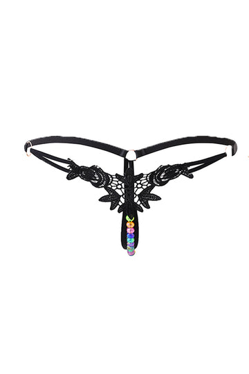 Chilot sexy tanga cu broderie si margele colorate, Negru, GS1298-1