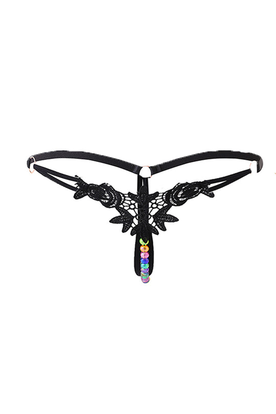 Chilot sexy tanga cu broderie si margele colorate, Negru, GS1298-1