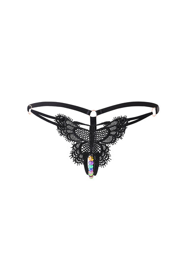 Chilot sexy tanga cu broderie fluture si margele colorate, Negru, GS1300-1