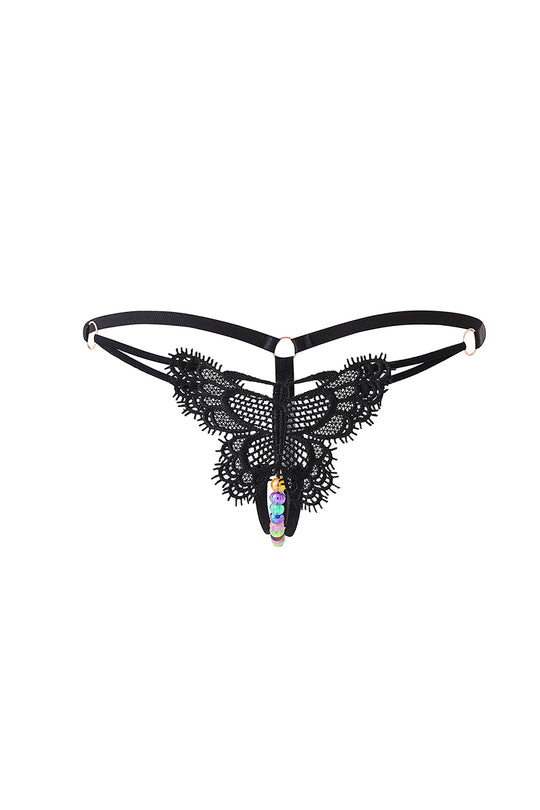 Chilot sexy tanga cu broderie fluture si margele colorate, Negru, GS1300-1