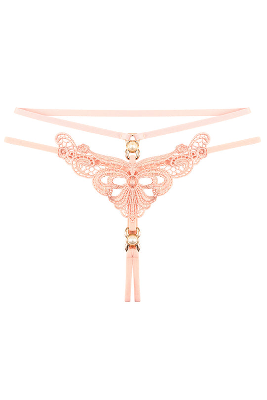 Chilot snur sexy cu broderie fluture si margele perlate, Roz, GS1314-5