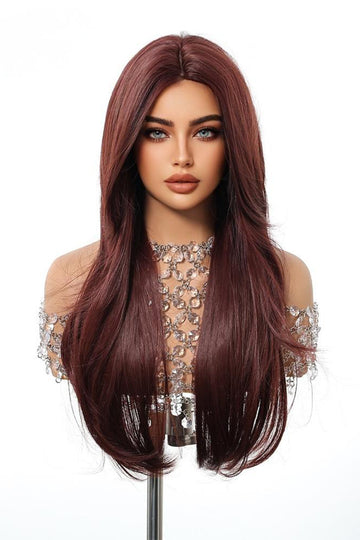 Peruca lunga rosie burgundy cu carare pe mijloc din fibre sintetice premium,  PER152-3838