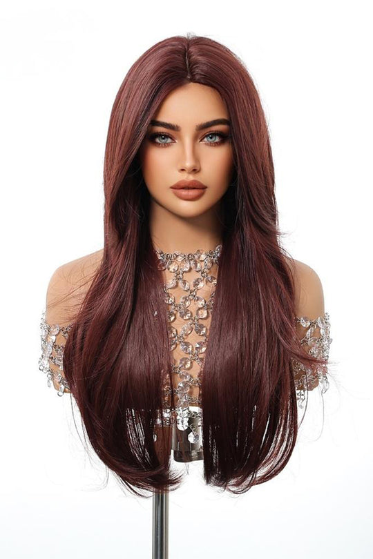 Peruca lunga rosie burgundy cu carare pe mijloc din fibre sintetice premium,  PER152-3838