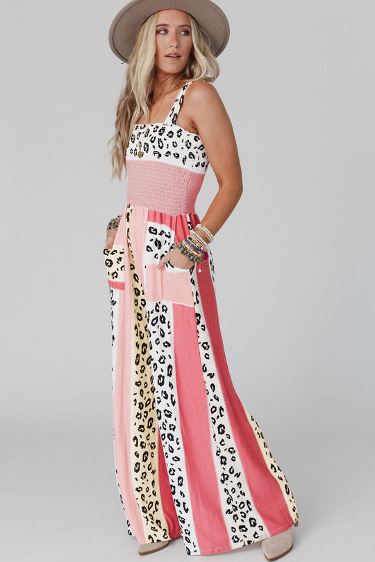 Salopeta casual cu pantaloni largi din material vaporos cu multiple culori si print leopard, multicolor R967-100