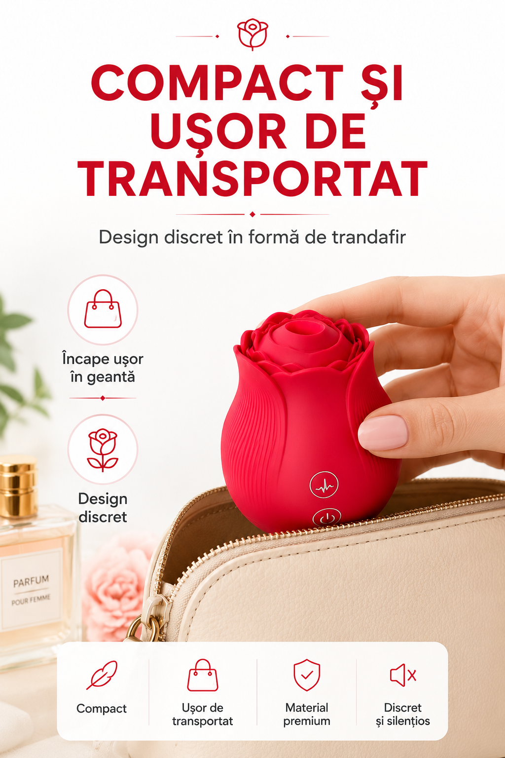 RosePulse Mini rezistent la apă și ușor de curățat, realizat din silicon premium pentru utilizare igienică și întreținere rapidă după folosire.