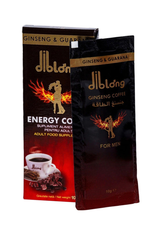 Cutie și plic DIBLONG GINSENG COFFEE cu ginseng și guarana prezentate împreună