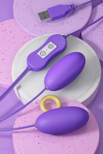 Vibrator dublu tip OU cu telecomanda pe fir, doua stimulatoare diferite cu moduri si intensitati de vibrare multiple, Mov TOY307-11