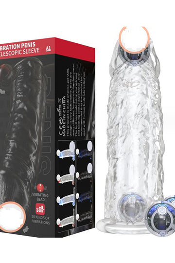 Manson din silicon pentru penis cu 2 bile vibratoare, inel si telecomanda fara fir, Transparent, TOY308-00
