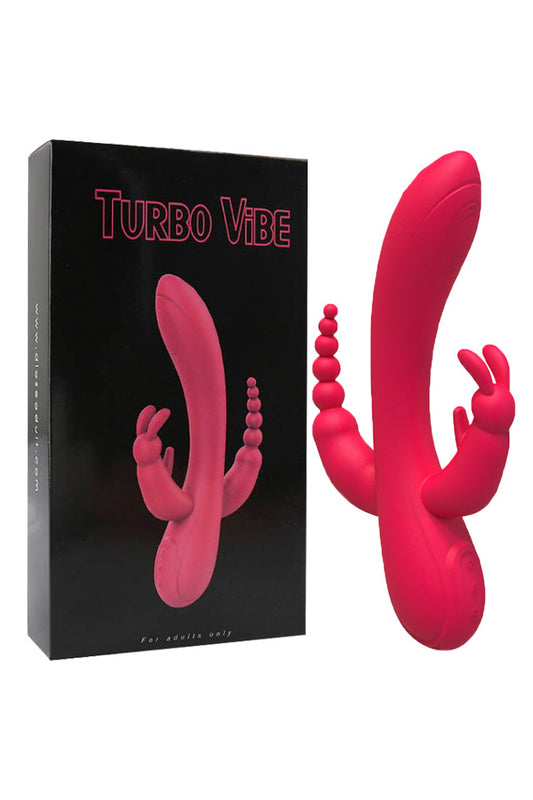 Vibrator triplu, model IEPURAS, pentru stimulare vaginala, anala si clitoridiana, cu trei zone separate de vibratii, Fuchsia, TOY318-55
