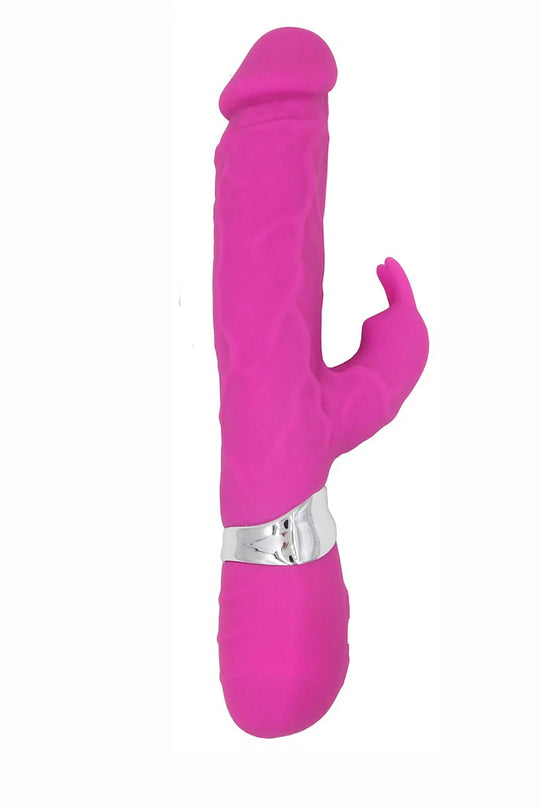 Vibrator realistic dual, tip IEPURAS, cu doua zone de vibratie pentru stimularea clitorisului si a punctului G, Fuchsia, TOY323-55