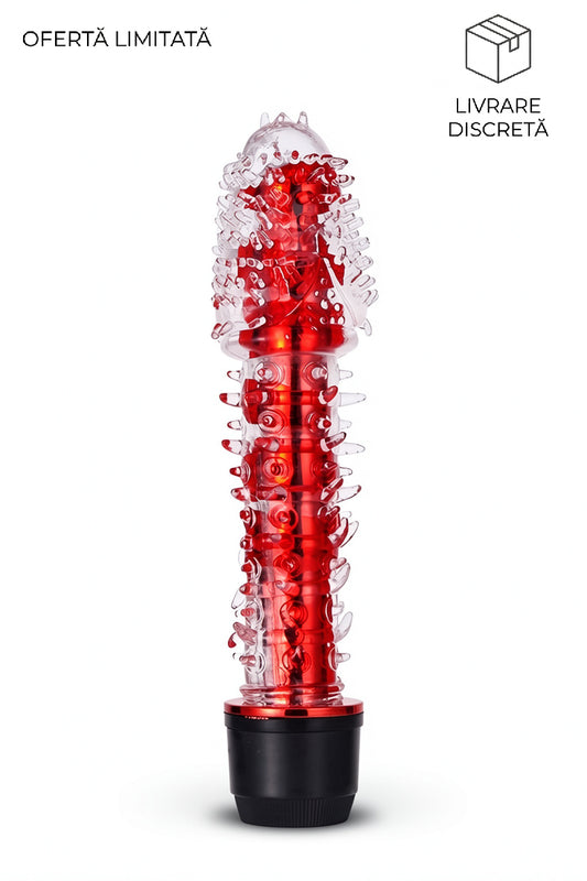Vibrator  din silicon cu tepi, rezistent la ala si multiple moduri de vibrare, Rosu, TOY336-3