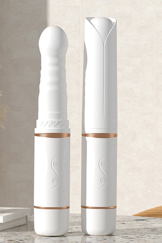 Vibrator telescopic premium cu functie de impingere, incalzire si vibrare, ventuza cu clema pentru o fixare perfecta, Alb, TOY356-2