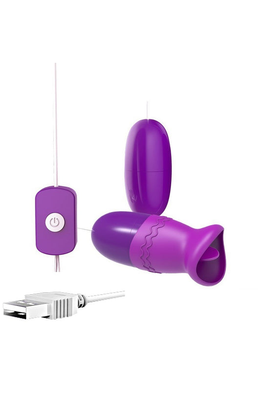 Vibrator dual tip OU, pentru stimulare vaginala si clitoridiana, cu telecomanda pe fir si functioneaza cu alimentare SUB, Mov, TOY369B-11