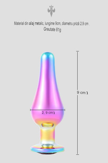 Dop anal (Butt Plug) din metal inoxidabil lucios, multicolor cu piatra decorativa aurie, TOY405A-100