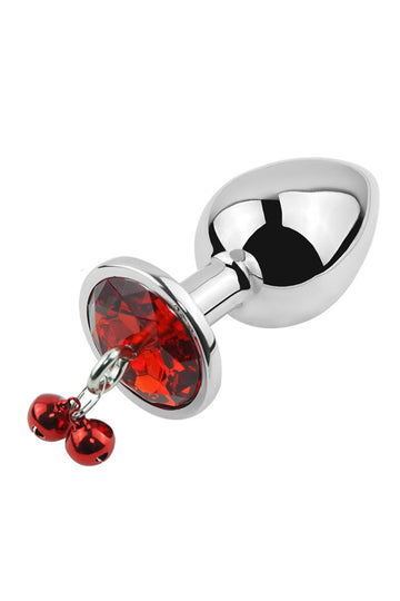 Dop anal din metal inoxidabil cu piatra "diamond glow" si clopotei, Inox si Rosu, TOY414A-63