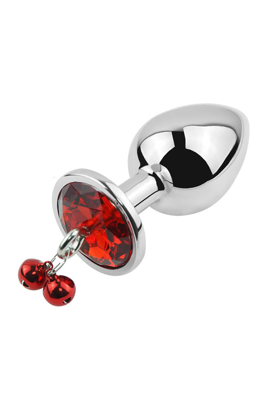 Dop anal din metal inoxidabil cu piatra "diamond glow" si clopotei, Inox si Rosu, TOY414A-63