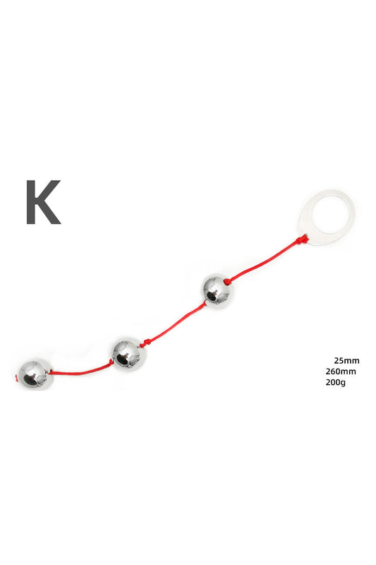 Bile anale din metal inoxidabil, 3 bile de aceeasi dimensiune si inel metalic la capat, Argintu+Rosu TOY417K-36