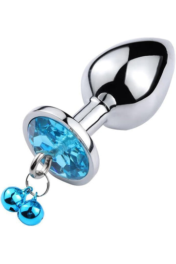 Dop anal din metal inoxidabil cu piatra "diamond glow" si clopotei, Inox+Albastru TOY433-6464