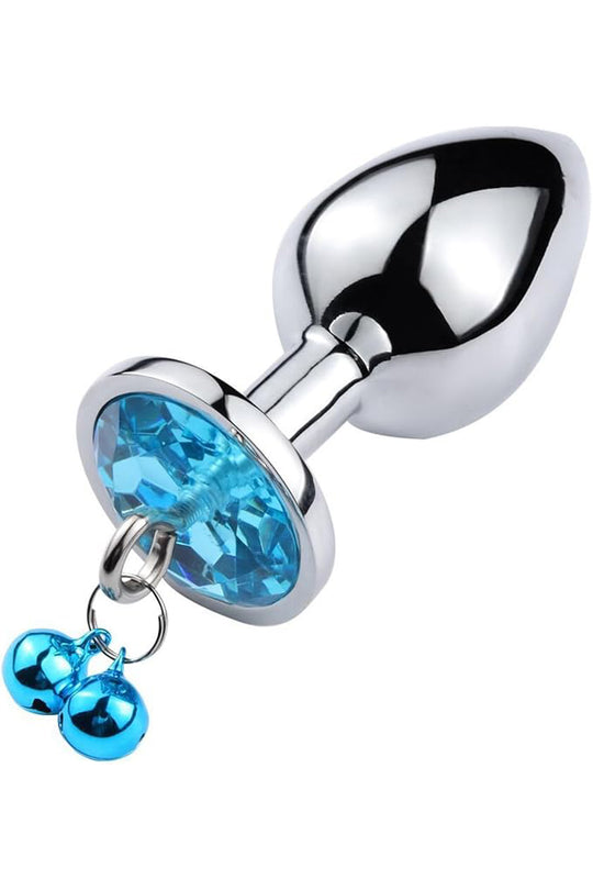 Dop anal din metal inoxidabil cu piatra "diamond glow" si clopotei, Inox+Albastru TOY433-6464