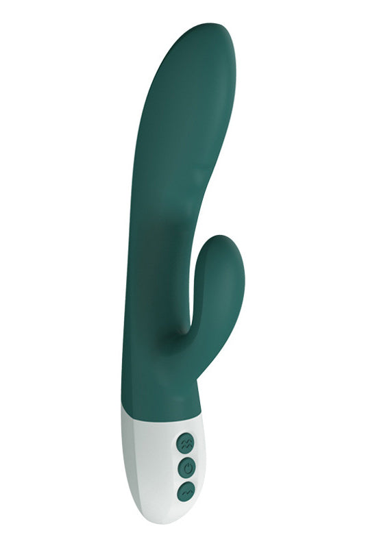 Vibrator dual pentru stimulare vaginala si clitoridiana, cu multiple moduri de vibratie, Verde, TOY443-12