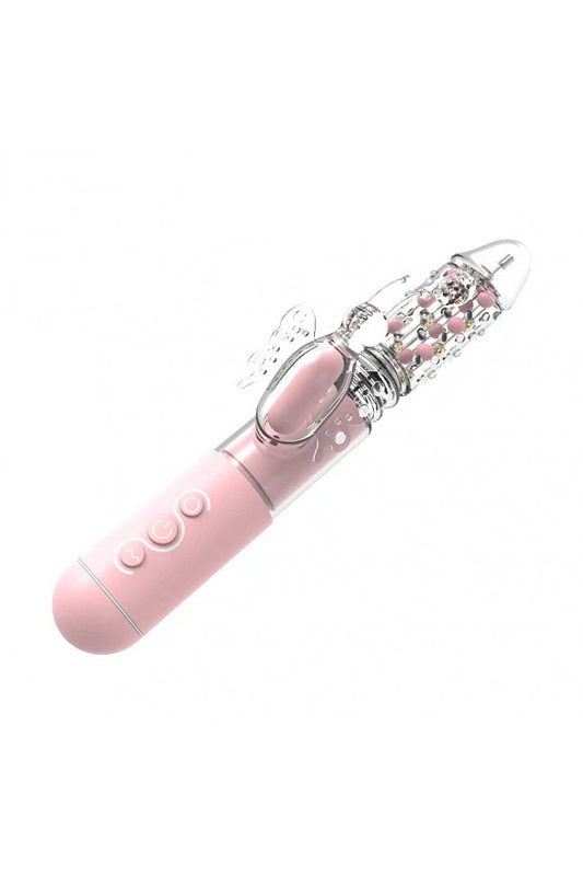 Vibrator dual tip "iepuras" cu functie de rotire si telescopica, pentru stimulare vaginala si clitoridiana in acelas timp, Roz, TOY454-5