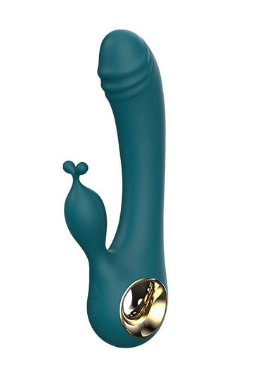 Vibrator dual tip iepuras, de calitate superioara, pentru stimulare vaginala si clitoridiana, Verde, TOY471-12
