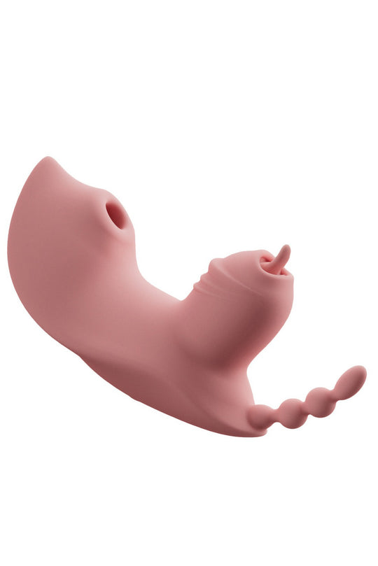 Vibrator Triplu Model Fluture, Funcție de Lingere (Flickering) și Sucțiune, Stimulare Vaginală și Clitoridiană, Silicon Medical, Reîncărcabil USB, Roz, TOY479-5