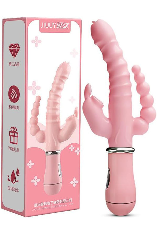 Vibrator triplu din silicon moale cu striatii pentru stimulare vagina, clitoridiana si anala, Roz,  TOY480-5
