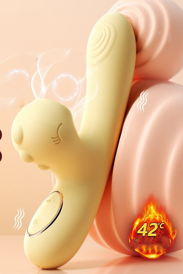 Mini Vibrator Dual cu Sucțiune și Funcție de Încălzire, Stimulare Punct G și Clitoris, Silicon Medical, Reîncărcabil USB, Galben, TOY483-9