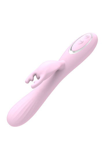 Vibrator dual tip iepuras pentru stimulare vaginala si clitoridiana simultana, Roz, TOY498-102
