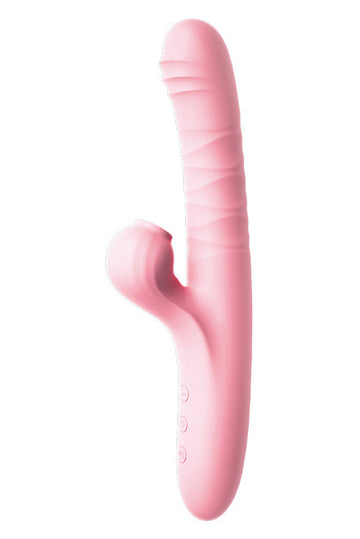 Vibrator dual cu functie de vibrare si suctiune pentru stimulare vagina si clitoridiana simVibrator Dual Premium cu Sucțiune și Vibrație, Stimulator Punct G și Clitoris, Tehnologie Air-Pulse, Silicon Medical, Reîncărcabil USB, Roz, TOY523-5