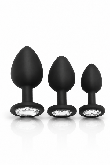 Crystal Comfort Set – Set 3 Dopuri Anale din Silicon cu Cristal Decorativ, 3 Mărimi (S, M, L), Negre, TOY639-1