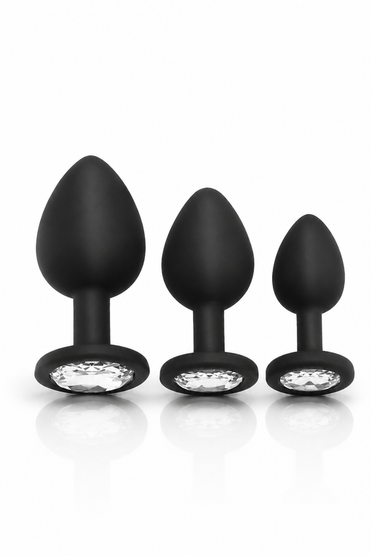 Crystal Comfort Set – Set 3 Dopuri Anale din Silicon cu Cristal Decorativ, 3 Mărimi (S, M, L), Negre, TOY639-1