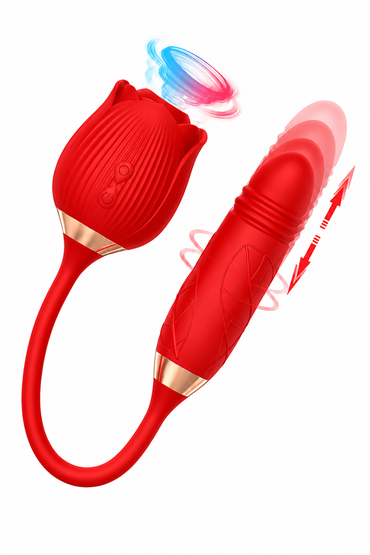 Vibrator 2-În-1 Rose Motion Duo Cu Sucțiune, Mișcare Telescopică Și Vibrații, Reîncărcabil USB – Roșu, TOY649-3