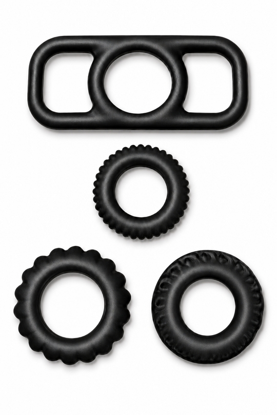 TriFlex Texture Set – Set 4 Inele pentru Penis din Silicon, 3 Texturi și Suport Triplu Elastic, Negru, TOY679-1