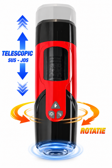 RotoStroke Pro – Masturbator Automat Telescopic cu Rotație, 7+1 Moduri și Manșon Detașabil, Rosu+Negru, TOY681-3