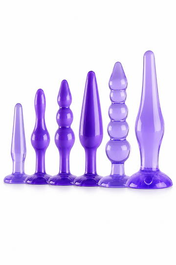 Set Anal 6 Piese din Silicon Medical – Forme Variate, Ventuze și Bază de Siguranță, Mov, TOY686-11