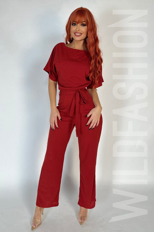 Salopeta casual/elegant cu maneci scurte din material lejer, visiniu, X19RR-81