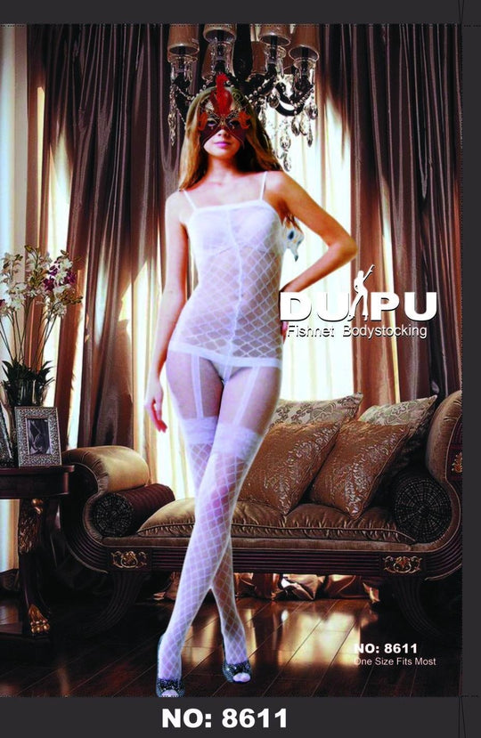 Bodystocking sexy din plasa supraelastica cu ochiuri mari, model cu jartiere si ciorapi, Alb, Universala BS23-2