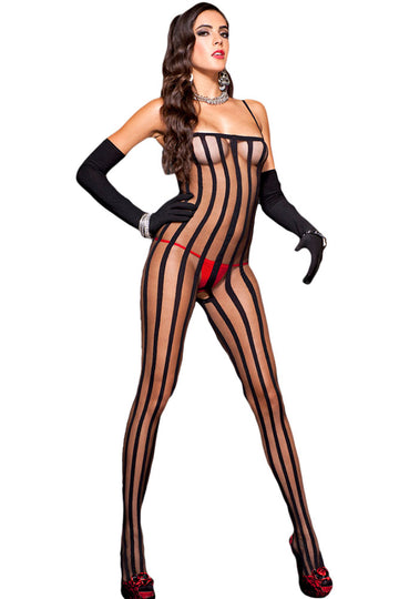 Bodystocking sexy din plasa supraelastica cu model in dungi, Negru BS241-1