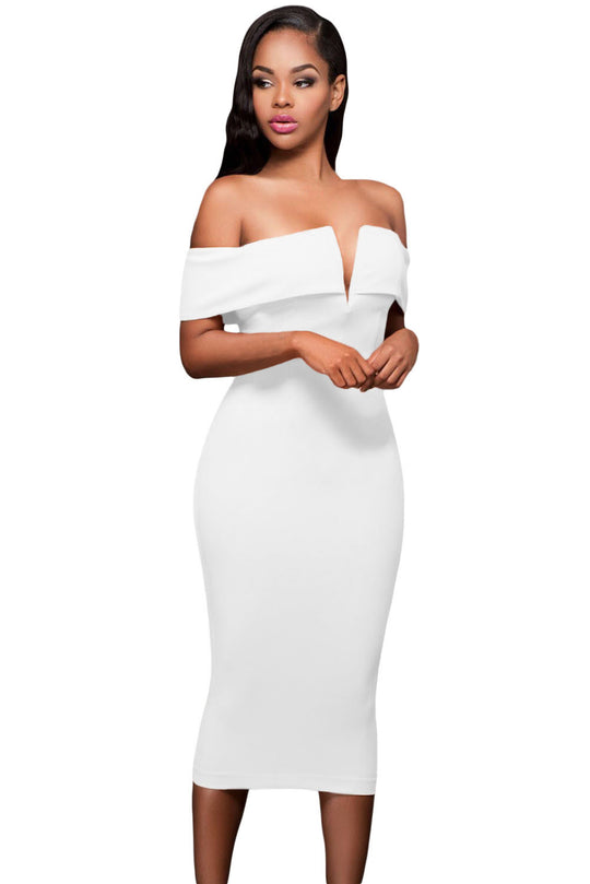Rochie midi de seara, cu umerii goi si decolteu in V Z522-2